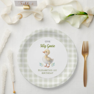 One Silly Goose Green Gingham Baby First Birthday Paper Plate