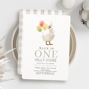 One Silly Goose Greige Gingham 1st Birthday Invitation