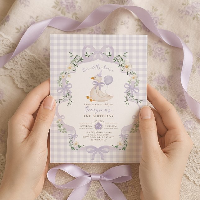 One Silly Goose Lilac Purple Bow 1st Birthday Invitation (Creator Uploaded)