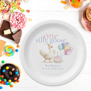 One Silly Goose Name Date First Birthday  Paper Plate