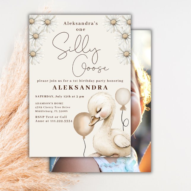  One Silly Goose Neutral Baby Photo 1st Birthday  Invitation (Creator Uploaded)