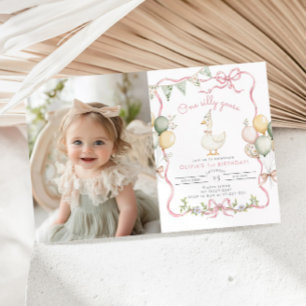 One Silly Goose Pastel Girl 1st Birthday Photo Invitation