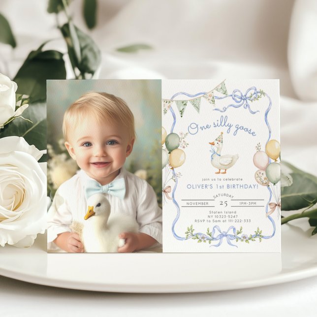 One Silly Goose Pastel Photo Boy 1st Birthday Invitation (Creator Uploaded)