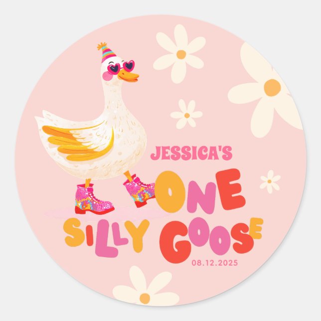 One Silly Goose Pastel Pink Kids' Birthday Party Classic Round Sticker (Front)