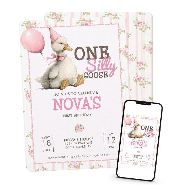One Silly Goose Personalised Pink 1st Birthday Invitation (Creator Uploaded)