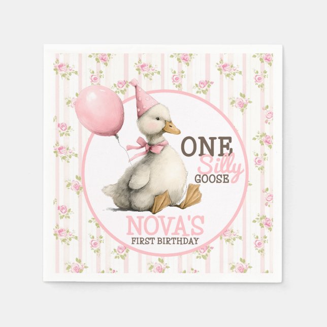 One Silly Goose Personalised Pink 1st Birthday Napkin (Front)