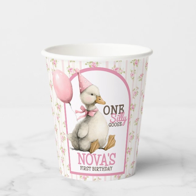 One Silly Goose Personalised Pink 1st Birthday Paper Cups (Front)