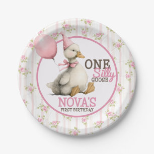 One Silly Goose Personalized Pink 1st Birthday Paper Plate