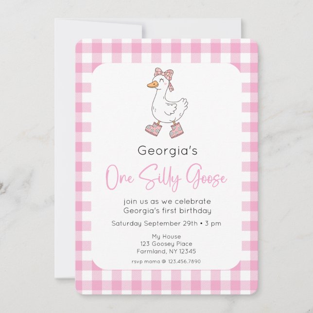 One Silly Goose Pink 1st Birthday Photo Invitation (Front)