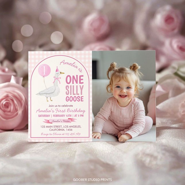 One Silly Goose Pink Balloon Birthday Photo Invite (Creator Uploaded)