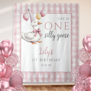One Silly Goose Pink Birthday Photo Backdrop Tapestry