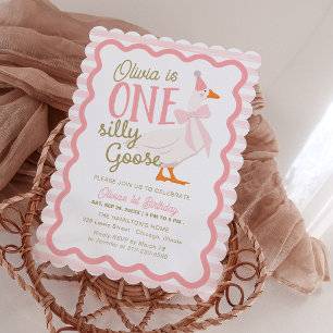 One Silly Goose Pink Bow 1st Birthday Invitation