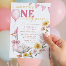 One Silly Goose Pink Bow 1st Birthday Invitation