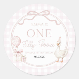 ONE Silly Goose Pink Bow 1st Birthday Party Classic Round Sticker