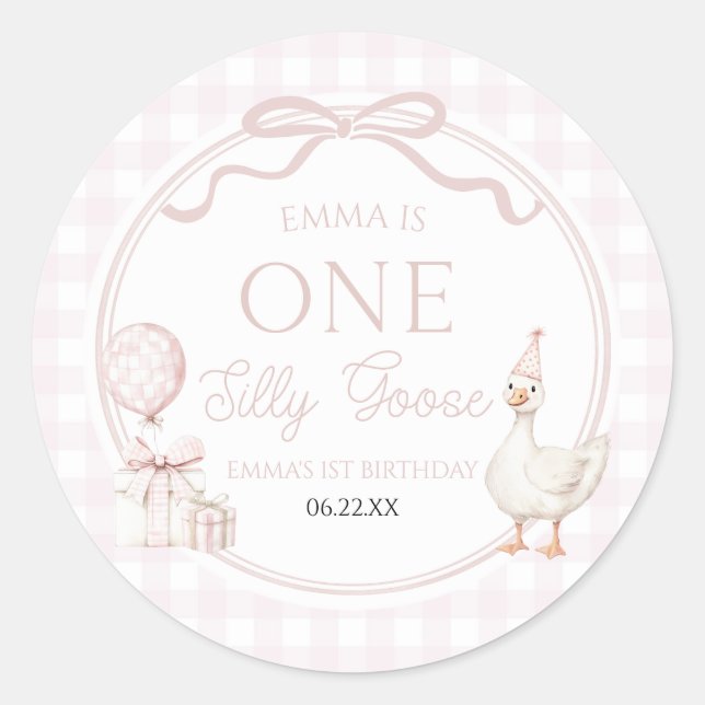 ONE Silly Goose Pink Bow 1st Birthday Party Classic Round Sticker (Front)