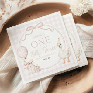 ONE Silly Goose Pink Bow 1st Birthday Party Napkin