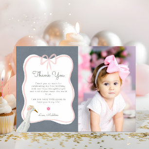 One Silly Goose Pink Bow 1st Birthday Party Photo Thank You Card