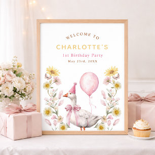 One Silly Goose Pink Bow 1st Birthday Welcome  Poster