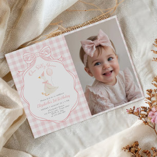 One Silly Goose Pink Bow First Birthday Photo Invitation