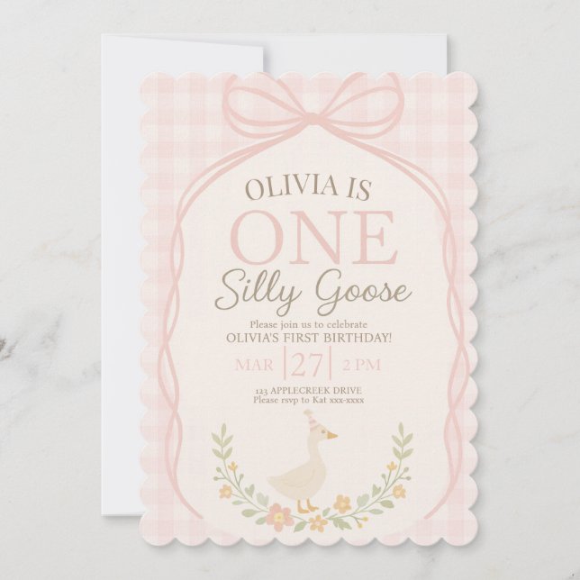 One Silly Goose Pink Bow Floral 1st Birthday  Invitation (Front)