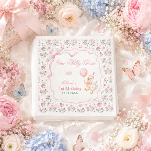 One Silly Goose Pink Bow Floral 1st Birthday Napkin