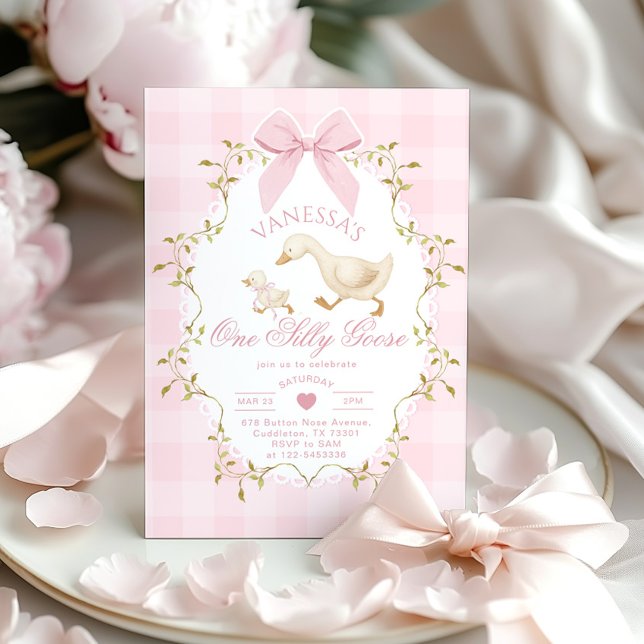 One Silly Goose Pink Bow Girl 1st Birthday Invitation (Creator Uploaded)