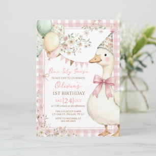 One Silly Goose Pink Bow Girl 1st Birthday Invitation