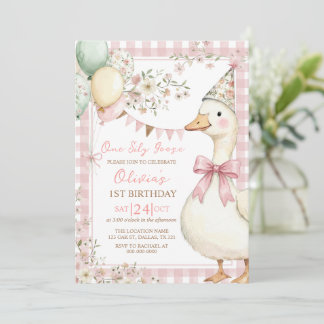 One Silly Goose Pink Bow Girl 1st Birthday Invitation