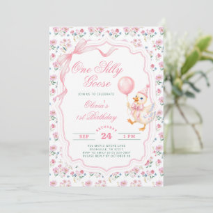 One Silly Goose Pink Bow Girl 1st Birthday Invitation