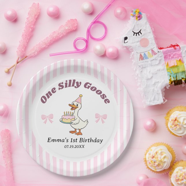 One Silly Goose Pink Bow Girl 1st Birthday Party  Paper Plate (Party)