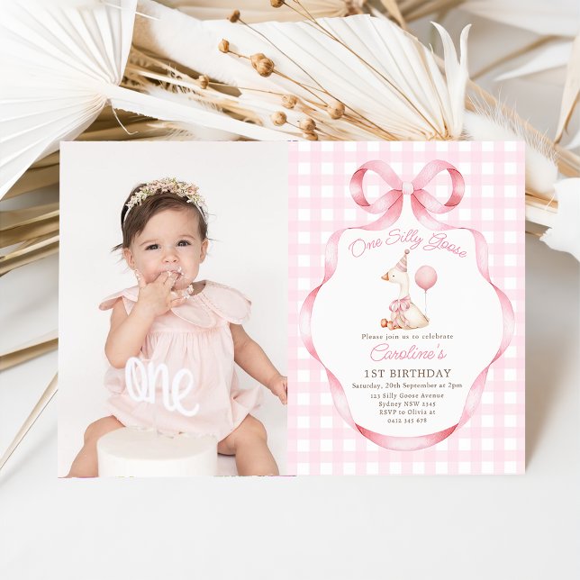 One Silly Goose Pink Bow Girl 1st Birthday Photo Invitation (Creator Uploaded)