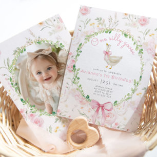 One Silly Goose Pink Bow Girl Photo 1st Birthday Invitation