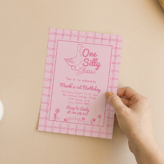 One Silly Goose Pink Drawn Girl 1st First Birthday Invitation