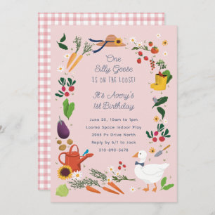 One Silly Goose Pink Farmer Garden Theme Birthday Invitation