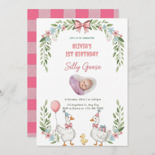 One Silly Goose Pink Floral 1st Birthday Invitatio Invitation