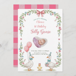 One Silly Goose Pink Floral 1st Birthday Invitatio Invitation