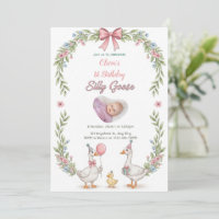One Silly Goose Pink Floral 1st Birthday Invitatio