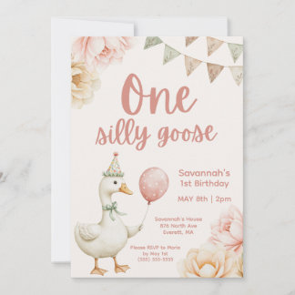 One Silly Goose Pink Floral 1st Birthday  Invitation