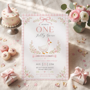 One Silly Goose Pink Floral 1st Birthday  Invitation