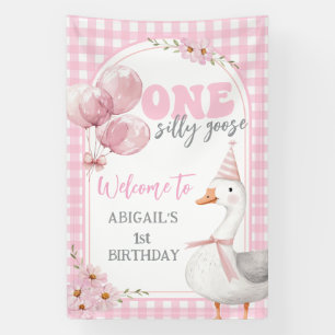 ONE SILLY GOOSE PINK GINGHAM 1ST BIRTHDAY  BANNER