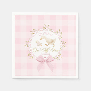One Silly Goose Pink Gingham 1st Birthday Bow Napkin
