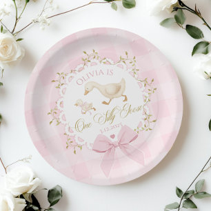 One Silly Goose Pink Gingham 1st Birthday Bow Paper Plate