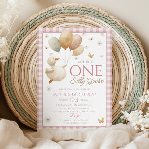 One Silly Goose Pink Gingham 1st Birthday Invitation