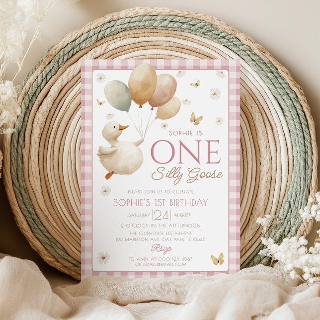 One Silly Goose Pink Gingham 1st Birthday Invitation (Creator Uploaded)