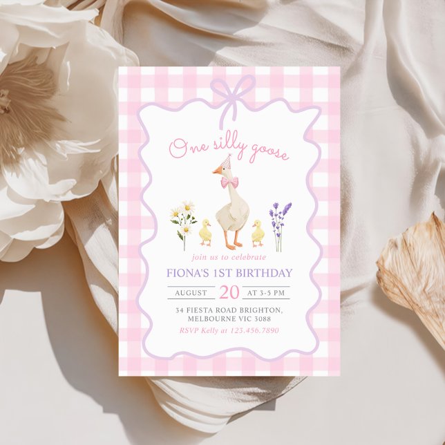 One Silly Goose Pink Gingham 1st Birthday Invitation (Creator Uploaded)