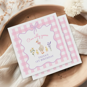 One Silly Goose Pink Gingham 1st Birthday Napkin