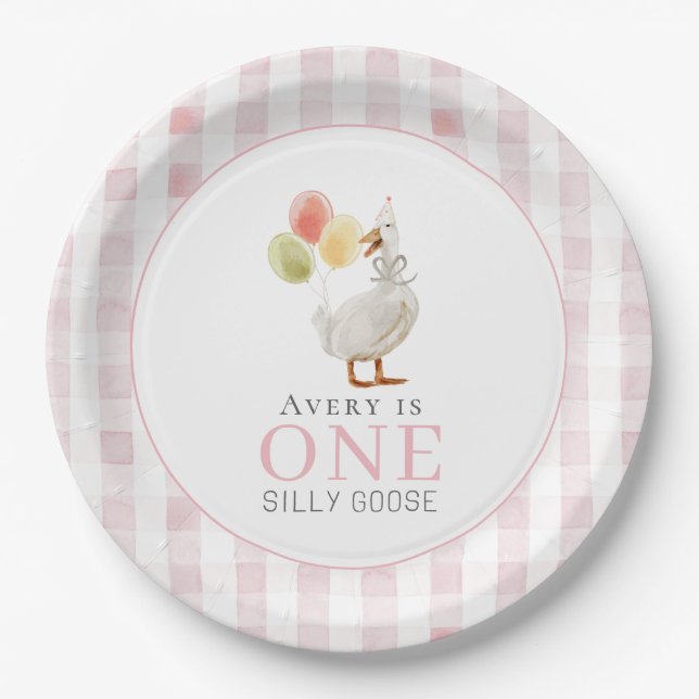 One Silly Goose Pink Gingham 1st Birthday Paper Plate (Front)