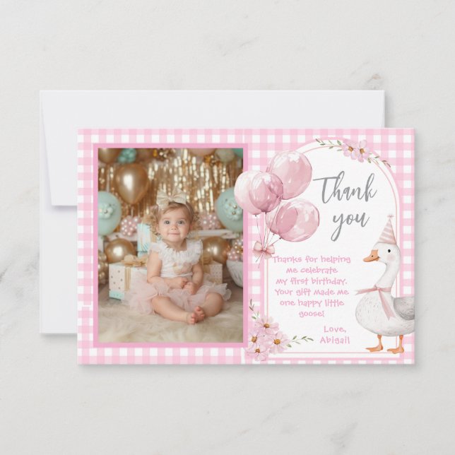 ONE SILLY GOOSE PINK GINGHAM 1ST BIRTHDAY THANK YOU CARD (Front)