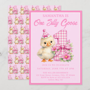 One Silly Goose Pink Gingham Bow 1st Birthday Invitation