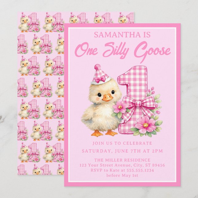 One Silly Goose Pink Gingham Bow 1st Birthday Invitation (Front/Back)